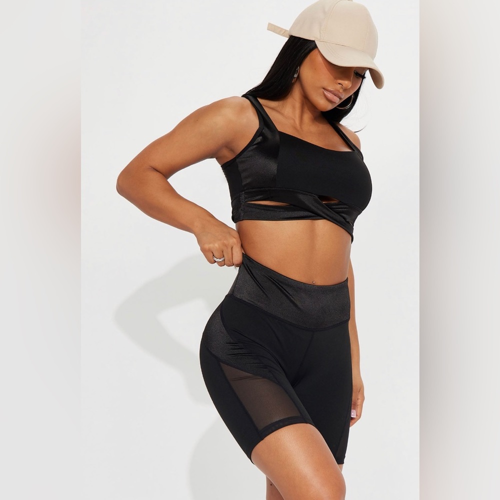 Black satin trimmed workout set